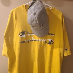 Champion hat yellow and gray with the matching gray Champion hat